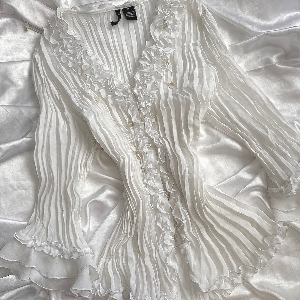 White Pleated Ruffle Sequin Cardigan Top Sheer Accordion Pleat Romantic Layer